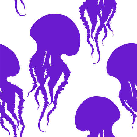 Hand drawn jellyfish vector seamless pattern. Purple medusa with long tentacles silhouette background illustration over white. Sea nature, underwater life animal.のイラスト素材