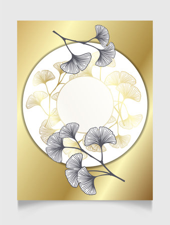Floral botanical golden wedding invitation elegant template with gold and monochrome ginkgo leaves. Romantic vector round frame greeting card design over white.のイラスト素材