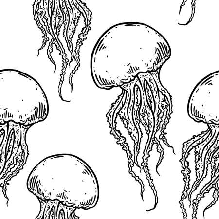 Hand drawn jellyfish vector seamless pattern. Medusa with long tentacles background illustration....