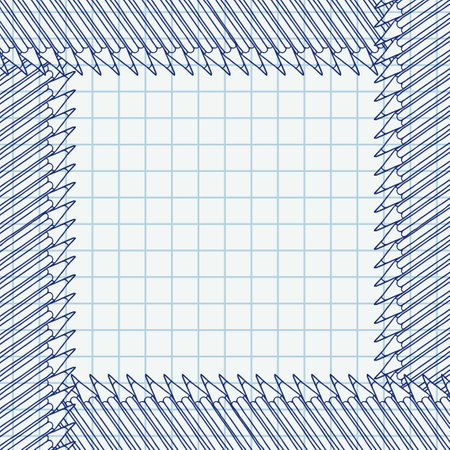 Hand drawn vector doodle pencils blank frame. Art and drawing blue crayon stationary border over chequered notebook page.のイラスト素材
