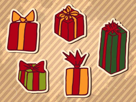Present boxex, hand drawn Christmas doodle design elements set. Winter holidays greeting card items over textured striped vintage brown background. Vector illustration.のイラスト素材