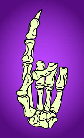 Skeleton hand with pointing finger. Hand drawn Halloween greeting card celebration design element. Holiday vector illustration over purple.のイラスト素材