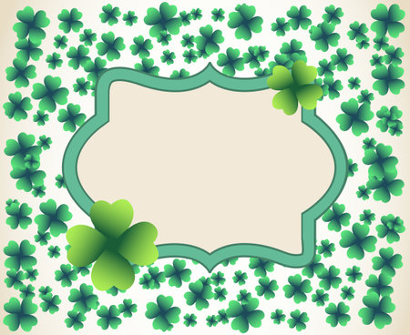 Saint Patrick's Day vintage light vector frame with small green four-leaf clover shamrock leaves. Irish festival celebration greeting card design background. Nature floral spring backdrop.のイラスト素材