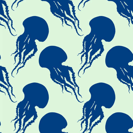 Hand drawn jellyfish vector seamless pattern. Blue medusa silhouette with long tentacles background...
