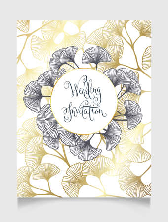 Floral botanical golden wedding invitation elegant template with gold and monochrome ginkgo leaves. Romantic vector round frame greeting card design over white.のイラスト素材
