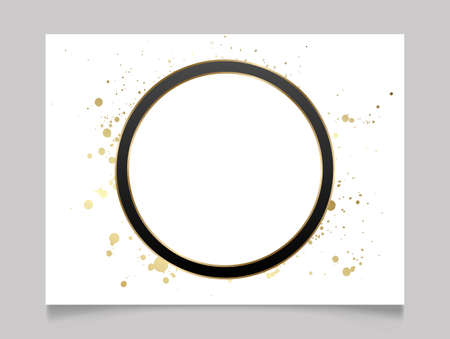 Golden and white shiny glowing blank round frame. Gold paint splatter metal luxury blank border. Vector background illustration template.のイラスト素材