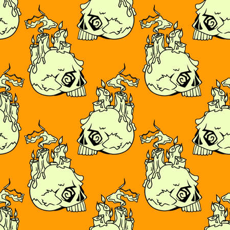 Vector Halloween doodle skulls with candles seamless pattern. Design background for party poster. Hand drawn cartoon illustration. Objects isolated over orange.のイラスト素材