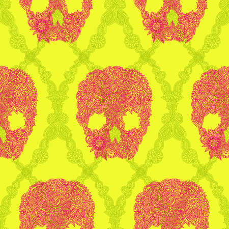 Doodle floral skulls damask seamless pattern in bright pink over acid green. Vector Halloween background.のイラスト素材