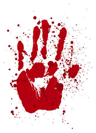 Bloody print of a human hand. Palm imprint in blood red isolated over white. Vector grunge murder or Halloween illustration.のイラスト素材