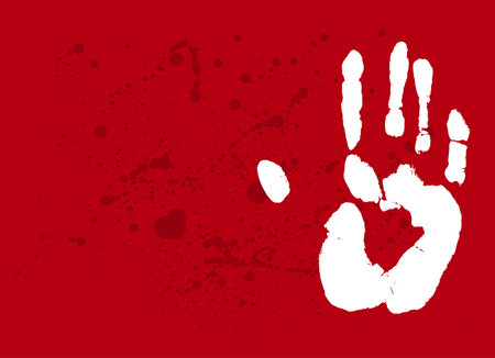 Print of a human hand with copy space. Palm imprint in white over blood splatter red. Vector horror Halloween illustration, room for text.のイラスト素材