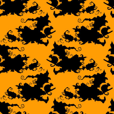 Witch on a broomstick vector Halloween seamless pattern. Design background for party poster. Hand drawn cartoon illustration in black and orange.のイラスト素材