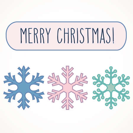 Three pastel colored snowflakes and hand written Merry Christmas greetings isolated over white. Winter holidays vector illustration.のイラスト素材