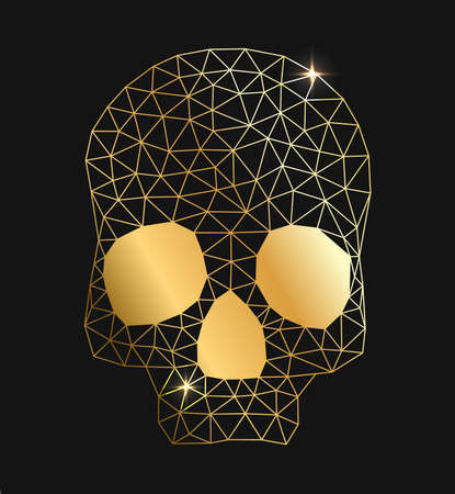 Golden low poly geometric skull isolated over black, Halloween holiday design element vector illustration.のイラスト素材