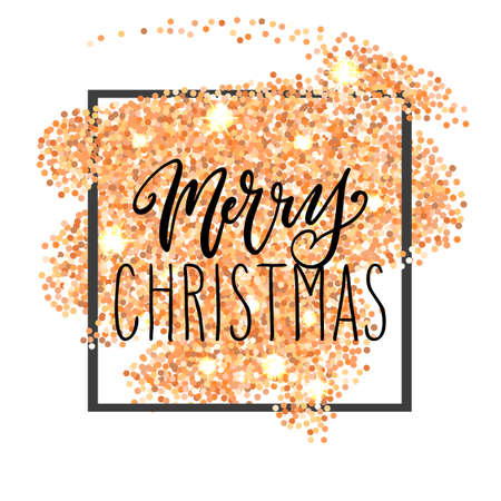 Handwritten Christmas greetings, modern festive calligraphy lettering for postcards. Black text in bronze glitter frame over white. Holiday season design, vector illustration.のイラスト素材