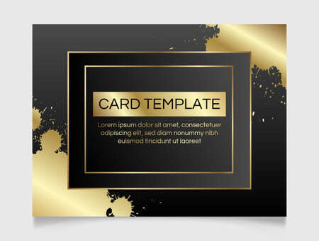 Golden and black shiny glowing blank frame. Gold paint splatter metal luxury vector rectangle border. Background illustration template.のイラスト素材