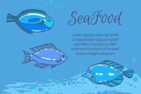 Seafood restaurant menu template, hand drawn vector illustration. Fish food in sea foam wave blue graphic mockup.のイラスト素材