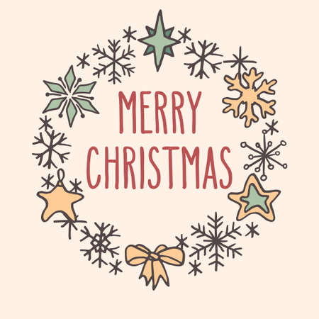 Merry Christmas hand drawn doodle wreath greeting card. Snowflakes and stars garland. Vector winter holiday illustration isolated over white.のイラスト素材