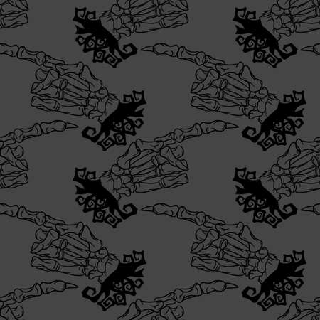 Skeleton hand vector Halloween seamless pattern. Design background for party poster. Hand drawn cartoon illustration in black and dark grey.のイラスト素材