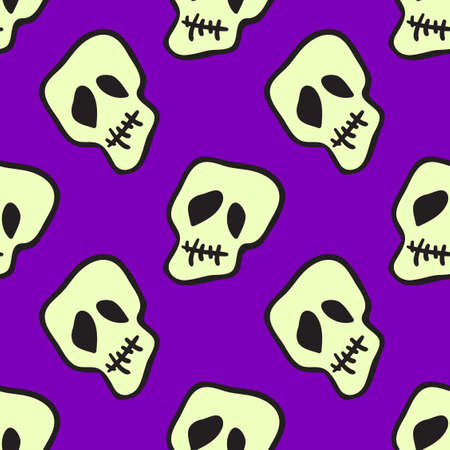 Vector Halloween skulls seamless pattern. Design background for party poster. Hand drawn cartoon illustration. Objects isolated over purple.のイラスト素材