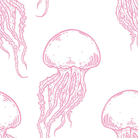 Hand drawn jellyfish vector seamless pattern. Medusa with long tentacles background illustration in pink over white. Sea nature, underwater life animal.のイラスト素材