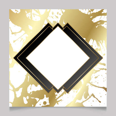 Golden and white shiny glowing blank frame. Gold paint splatter metal luxury blank border. Vector background illustration template.のイラスト素材