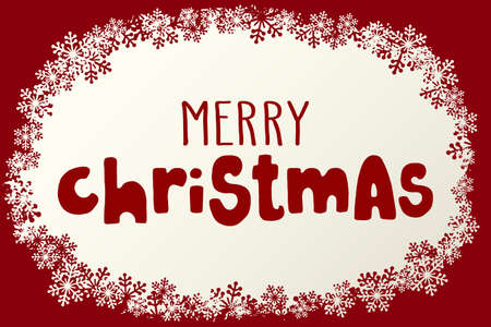 Handwritten Christmas greetings, modern festive calligraphy lettering for postcards in snowflakes frame. Holiday season red and white design, vector illustration.のイラスト素材