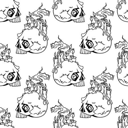 Vector Halloween skulls with candles seamless pattern in black and white. Design background for party poster. Hand drawn cartoon illustration.のイラスト素材
