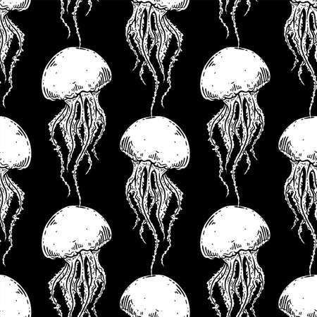 Hand drawn jellyfish vector seamless pattern. Medusa with long tentacles background illustration. Sea nature, underwater life animal in black and white.のイラスト素材