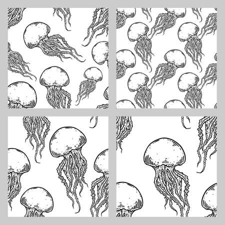 Hand drawn jellyfish vector seamless patterns set. Medusa with long tentacles background illustrations in black and white. Sea nature, underwater life animal.のイラスト素材