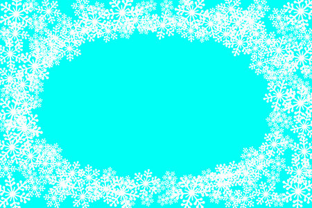 Christmas snowflakes blank oval frame vector illustration. Greeting card aqua blue winter background with copy space. Happy New Year.のイラスト素材