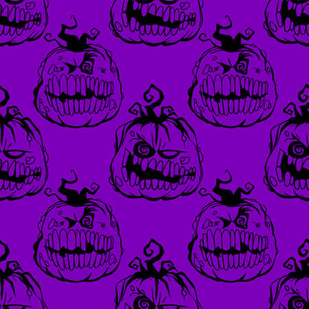 Halloween pumpkin vector seamless pattern. Design background for party poster. Hand drawn cartoon illustration in black and purple.のイラスト素材