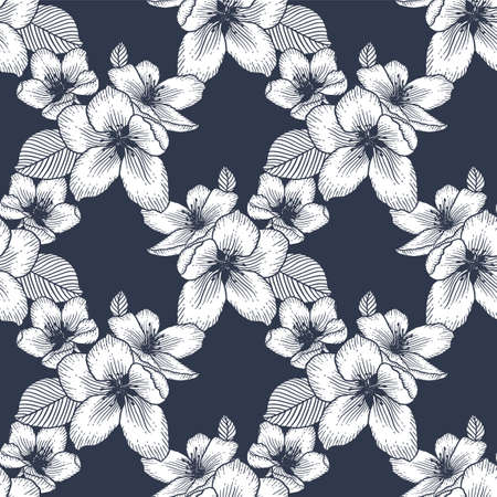 Beautiful seamless monochrome gray floral pattern with apple flowers. Nature botanical vector background illustration. Stock graphic design.のイラスト素材