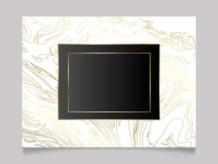 Golden and white shiny glowing blank frame. Gold paint marble swirls metal luxury border. Vector background illustration template.のイラスト素材