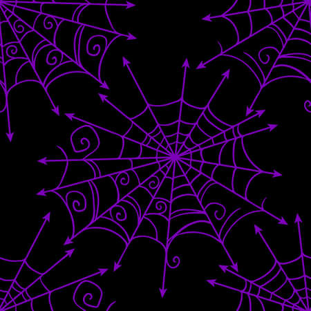 Spiderweb vector Halloween seamless pattern. Design background for party poster. Hand drawn cartoon illustration in purple over black.のイラスト素材