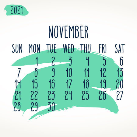 November year 2021 contemporary vector monthly calendar. Hand drawn brush stroke green paint design over white background. Week starting from Sundayのイラスト素材