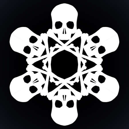 Vector silhouette snowflake made of skulls and bones in white isolated over black background.のイラスト素材