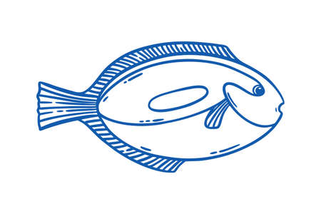 Fish sketch hand drawn vector illustration in blue isolated over white. Restaurant sea food menu graphic element engraved style.のイラスト素材