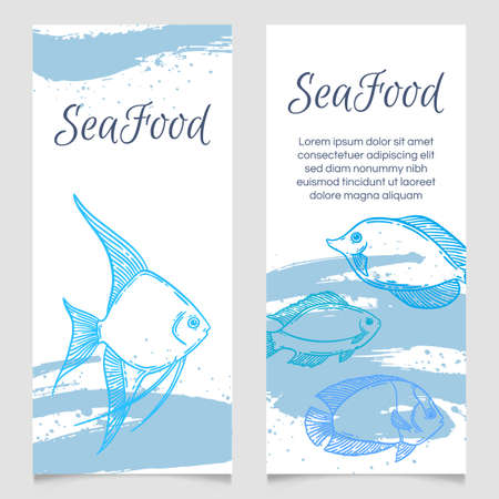 Seafood restaurant menu template, hand drawn vector illustration. Fish food in sea foam wave graphic mockup in blue and white.のイラスト素材