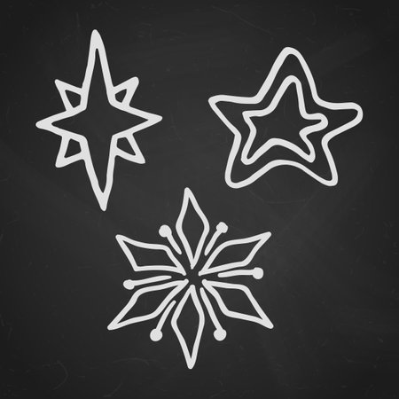 Christmas stars, hand drawn doodle design elements vector illustration. Winter holidays greeting card items set over black chalkboard.のイラスト素材