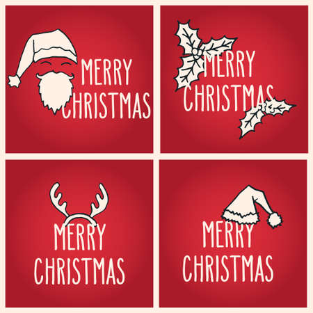 Merry Christmas hand drawn doodle greeting cards set. Vector winter holidays illustration over red background.のイラスト素材