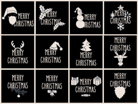 Merry Christmas hand drawn doodle greeting cards set with traditional symbols. White over black vector illustration.のイラスト素材