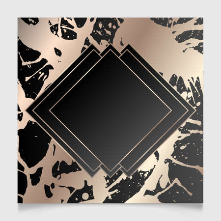 Rose golden and black shiny glowing blank frame. Pink gold paint splatter metal luxury vector border. Background illustration template.のイラスト素材