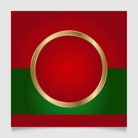 Geometric Christmas round frame in festive gold, red and green colors. Golden shiny glowing blank border. Winter holidays vibrant background with copy space.のイラスト素材