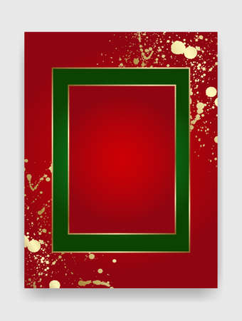 Shiny glowing blank Christmas rectangle frame with gold paint splatter. Winter holidays festive golden, red and green background with copy space.のイラスト素材