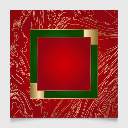 Shiny glowing blank Christmas square frame with gold marble paint. Festive golden, red and green border, winter holidays vector background with copy space.のイラスト素材