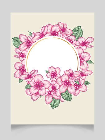 Vector botanical floral wedding invitation elegant card template with pink apple flowers and round golden frame. Romantic design for greeting card, natural cosmetics.のイラスト素材