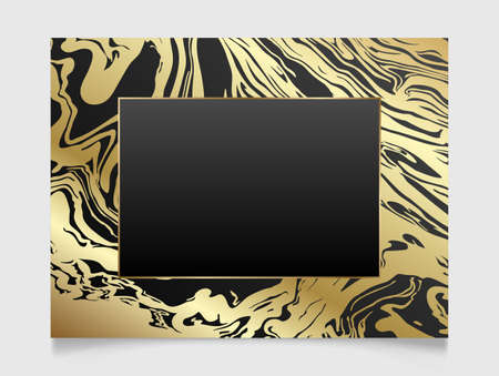 Golden and black shiny glowing blank frame. Gold paint marble swirls with metal luxury border. Vector background illustration template.のイラスト素材