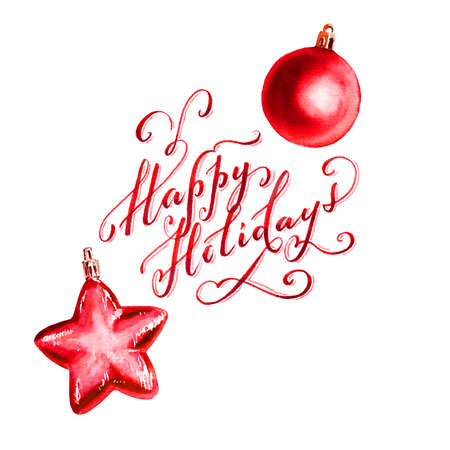Watercolor Christmas greetings with red ornaments. Hand drawn happy winter holidays card design. Festive decorations illustration isolated over white background.の写真素材