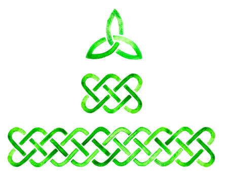 Hand drawn watercolor Happy Saint Patrick's Day borders and triquetra symbol. Irish festival celebration design elements. Celtic interlaced art in green isolated over white.の写真素材