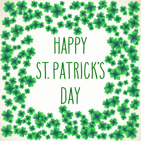 Hand drawn St. Patrick's day greetings over scattered green clover leaves background. Irish holiday festival traditional vector illustration.のイラスト素材